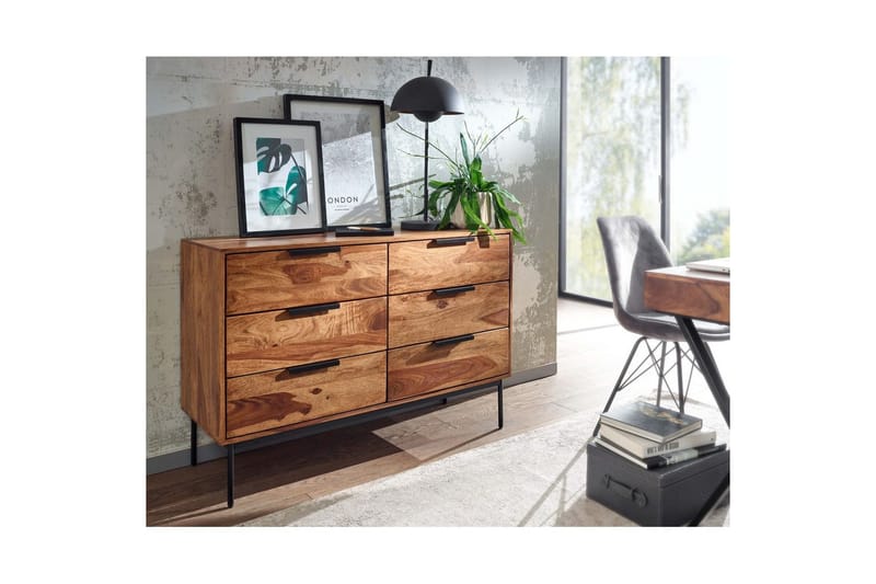 Skænk Wohnling Massivt træ 117 cm 6 skuffer filigran metalben landstil - Opbevaring - Opbevaringsmøbler - Skænke & sideboards