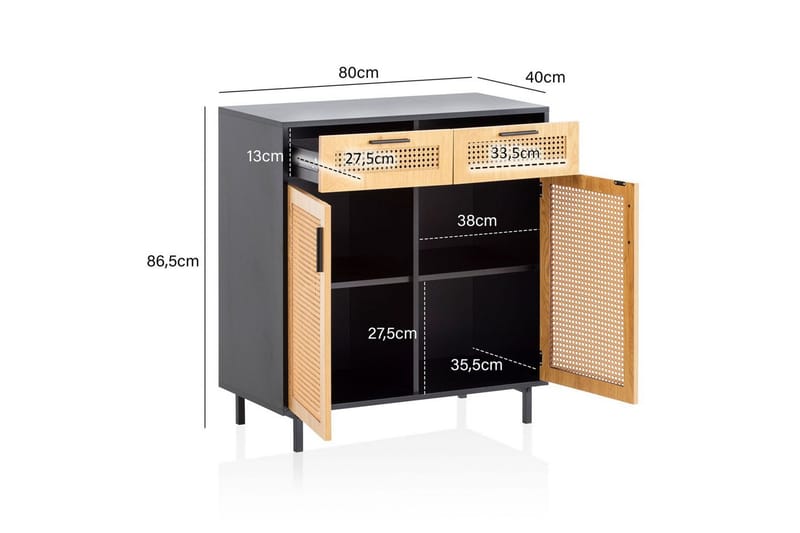 Skænk Wohnling Melaminbelagt MDF 80 cm 2 døre 2 skuffer med wienervæv moderne - Møbler - Borde - Aflastningsbord - Lampebord