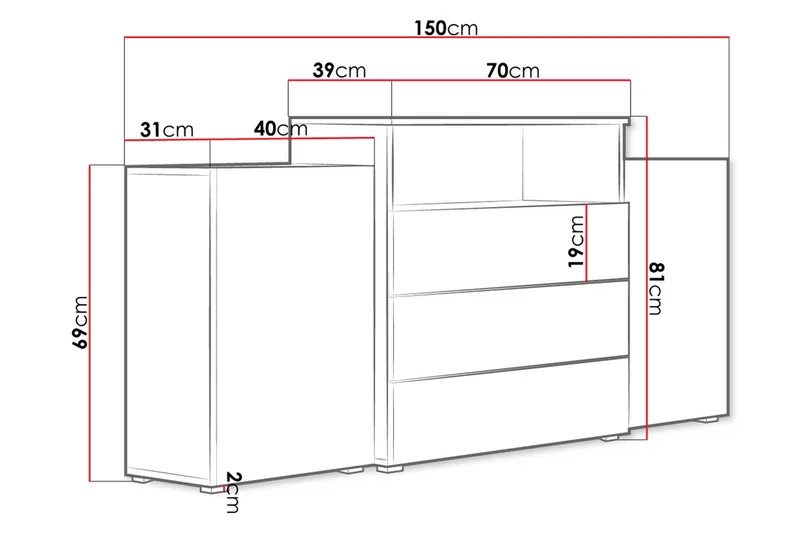 Urbanie Kommode 39x150 cm LED - Natur - Opbevaring - Opbevaringsmøbler - Kommode