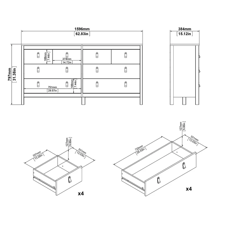 Vallvidera Kommode med 4 små og 4 større skuffer 160 cm - Opbevaring - Opbevaringsmøbler - Kommode