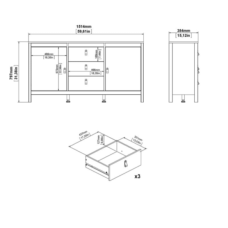 Vallvidera Skænk med 2 døre og 3 skuffer 151 cm - Opbevaring - Opbevaringsmøbler - Skænke & sideboards