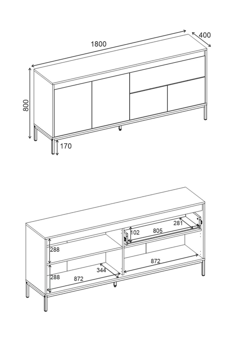 Velar Konsol 180x80x40 cm - Antracit, Wood Black, Black - Opbevaring - Opbevaringsmøbler - Skænke & sideboards