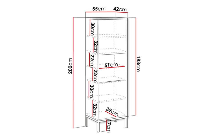 Alim Vitrineskab 55x200 cm - Hvid - Opbevaring - Skab - Vitrineskabe