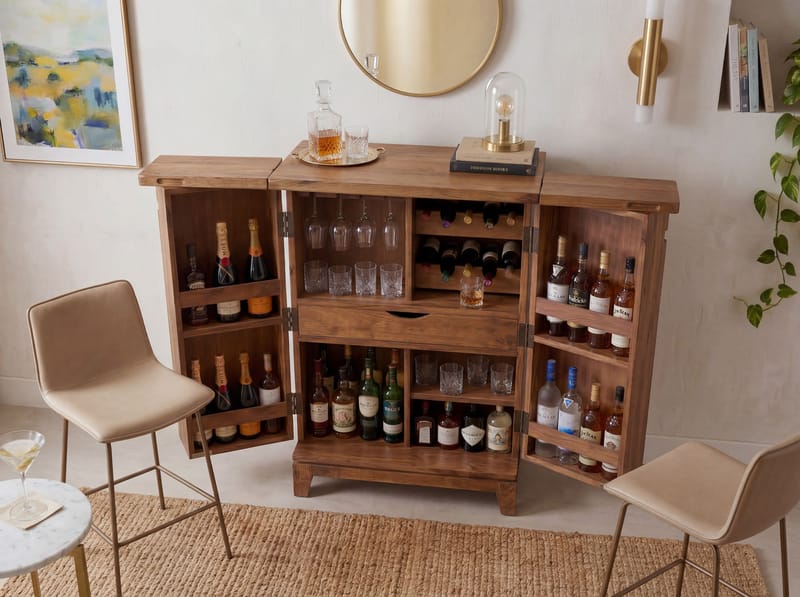 Avelo barskab 65 cm i massivt sheeshamtræ med klapdesign - naturtræ - Opbevaring - Skab - Barskab