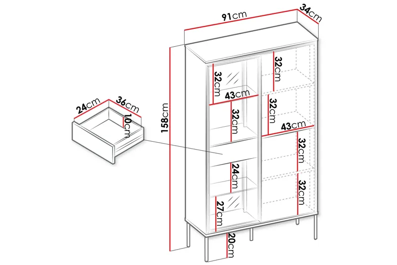 Basici Vitrineskab 91x158 cm - Hvid - Opbevaring - Skab - Vitrineskabe