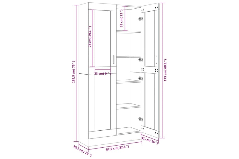 beBasic vitrineskab 82,5x30,5x185,5 cm konstrueret træ røget egetræ - Brun - Vitrineskabe