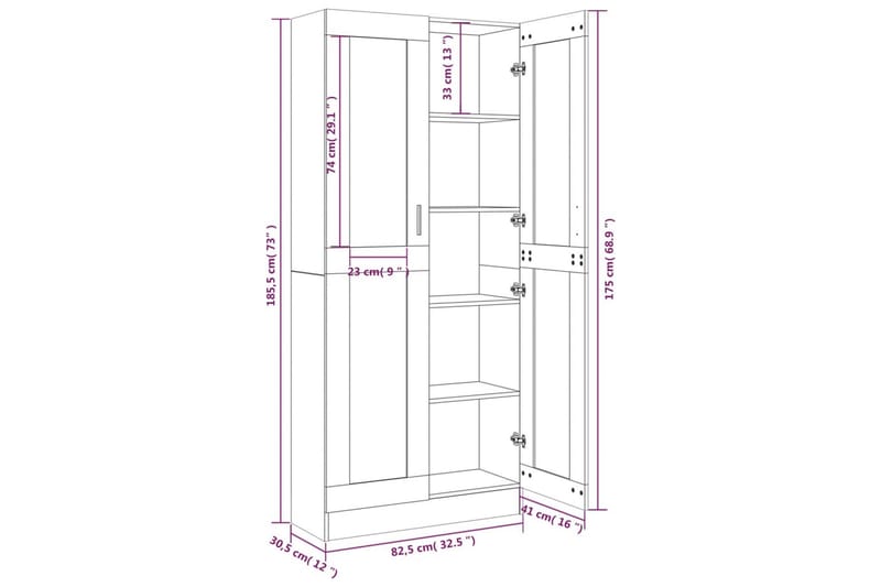 beBasic vitrineskab 82,5x30,5x185,5cm konstrueret træ brun egetræsfarve - Brun - Opbevaring - Skab - Vitrineskabe