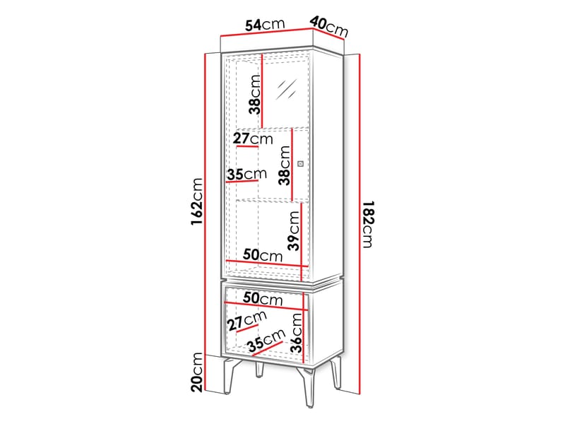Lorvenn Vitrineskab 54x182 cm - Brun/Sort - Opbevaring - Skab - Vitrineskabe