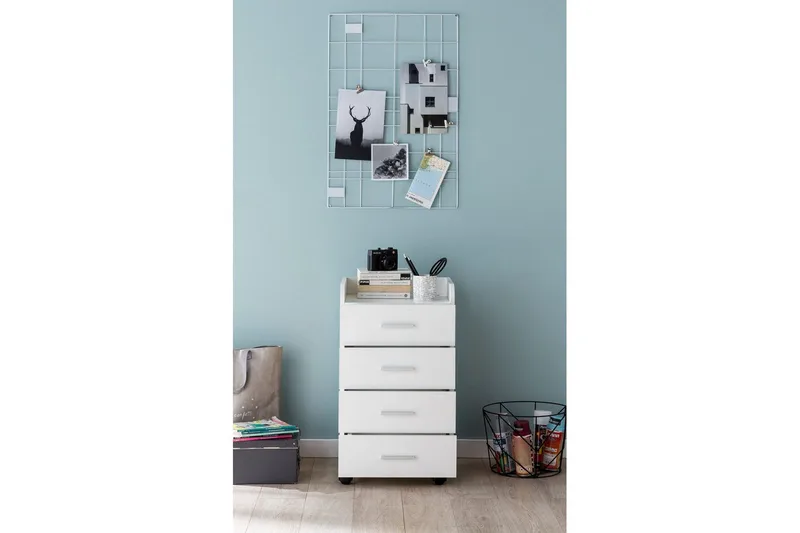 Rullecontainer Wohnling 4 skuffer med hjul, opbevaringsbakke, foliebelagt spånplade, moderne stil Hvid - Hvid - Opbevaring - Opbevaringsmøbler - Kommode - Arkivskabe