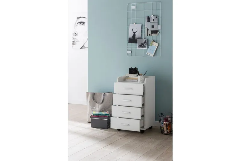 Rullecontainer Wohnling 4 skuffer med hjul, opbevaringsbakke, foliebelagt spånplade, moderne stil Hvid - Hvid - Opbevaring - Opbevaringsmøbler - Kommode - Arkivskabe