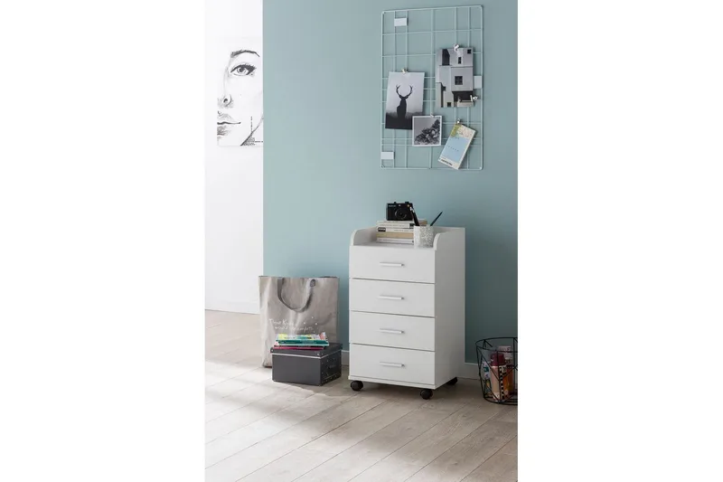 Rullecontainer Wohnling 4 skuffer med hjul, opbevaringsbakke, foliebelagt spånplade, moderne stil Hvid - Hvid - Opbevaring - Opbevaringsmøbler - Kommode - Arkivskabe