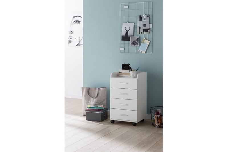 Rullecontainer Wohnling 4 skuffer med hjul, opbevaringsbakke, foliebelagt spånplade, moderne stil Hvid - Hvid - Opbevaring - Opbevaringsmøbler - Kommode - Arkivskabe