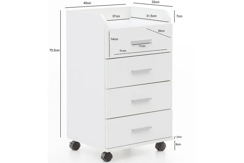 Rullecontainer Wohnling 4 skuffer med hjul, opbevaringsbakke, foliebelagt spånplade, moderne stil Hvid - Hvid - Opbevaring - Opbevaringsmøbler - Kommode - Arkivskabe
