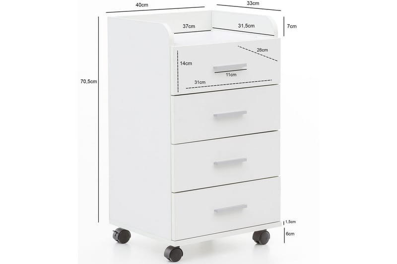 Rullecontainer Wohnling 4 skuffer med hjul, opbevaringsbakke, foliebelagt spånplade, moderne stil Hvid - Hvid - Opbevaring - Opbevaringsmøbler - Kommode - Arkivskabe