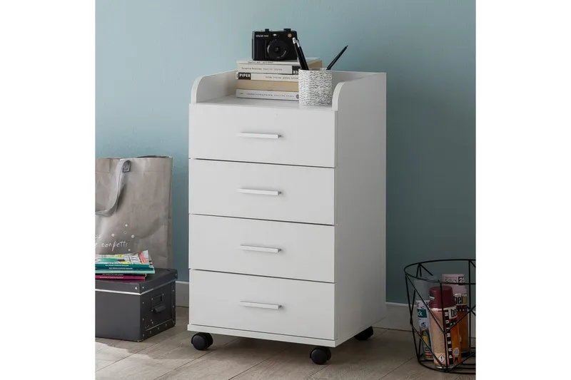 Rullecontainer Wohnling 4 skuffer med hjul, opbevaringsbakke, foliebelagt spånplade, moderne stil Hvid - Hvid - Opbevaring - Opbevaringsmøbler - Kommode - Arkivskabe