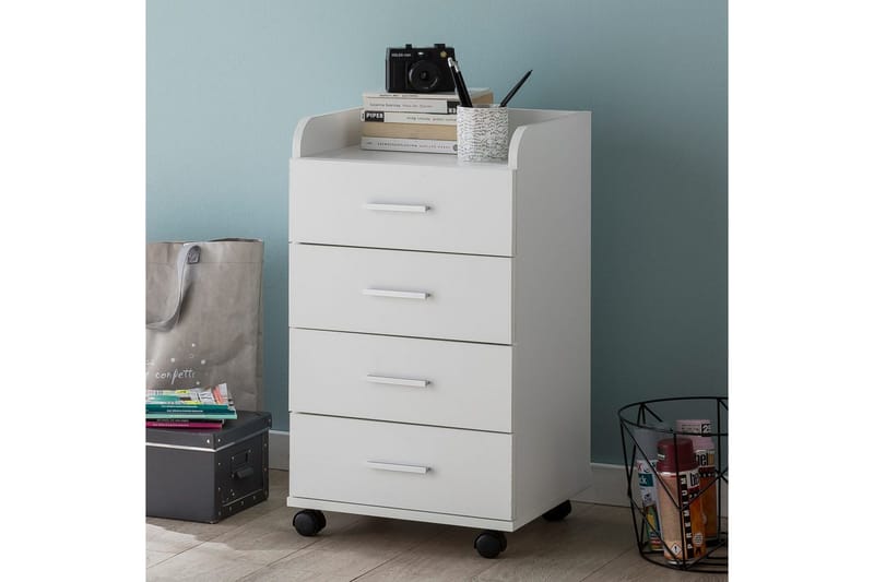 Rullecontainer Wohnling 4 skuffer med hjul, opbevaringsbakke, foliebelagt spånplade, moderne stil Hvid - Hvid - Opbevaring - Opbevaringsmøbler - Kommode - Arkivskabe
