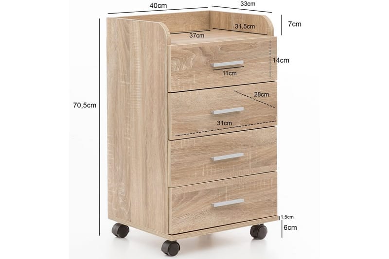 Rullecontainer Wohnling 4 skuffer med hjul, opbevaringsbakke, foliebelagt spånplade, moderne stil Sonoma - Sonoma - Opbevaring - Skab - Skabe