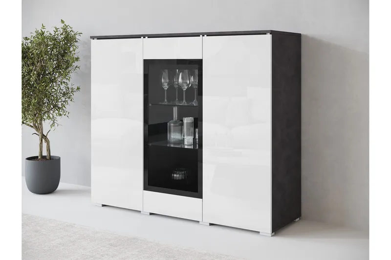 Sherie Vitrineskab 120x104 cm - Hvid / Grå - Opbevaring - Skab - Vitrineskabe