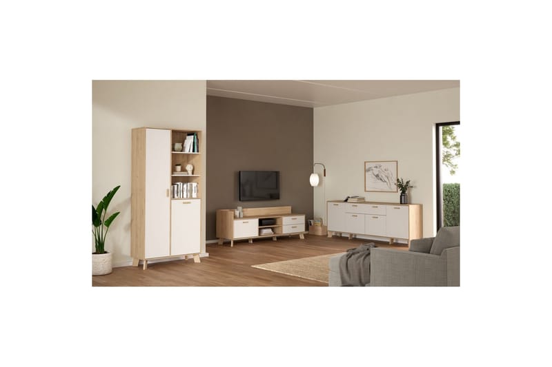 Sumita Vitrineskab 89x188 cm - Hvid/Natur - Opbevaring - Skab - Vitrineskabe