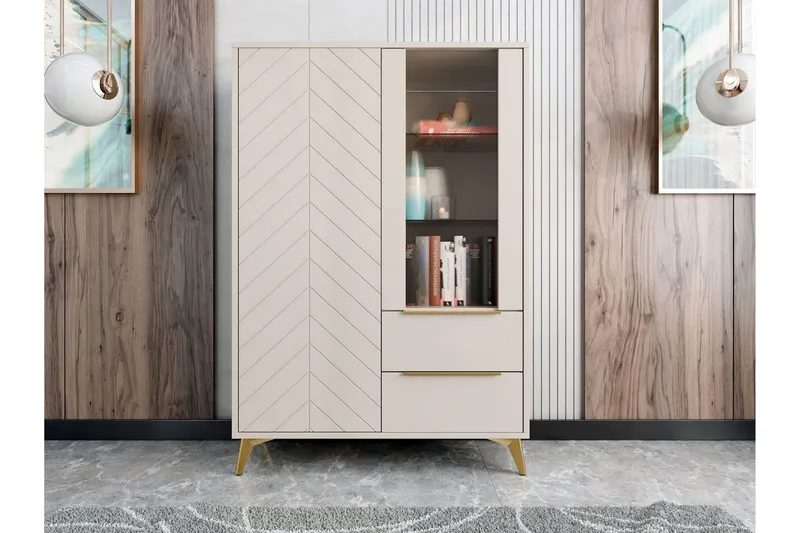 Vemdalen Vitrineskab 104x150 cm - Beige - Opbevaring - Skab - Vitrineskabe