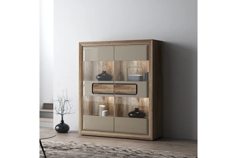 Corlius Vitrineskab 41x134 cm - Beige/Brun - Opbevaring - Skab - Vitrineskabe