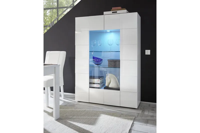 Dama Vitrineskab 121 cm - Hvid Højglanslak - Opbevaring - Skab - Vitrineskabe