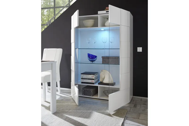 Dama Vitrineskab 121 cm - Hvid Højglanslak - Opbevaring - Skab - Vitrineskabe