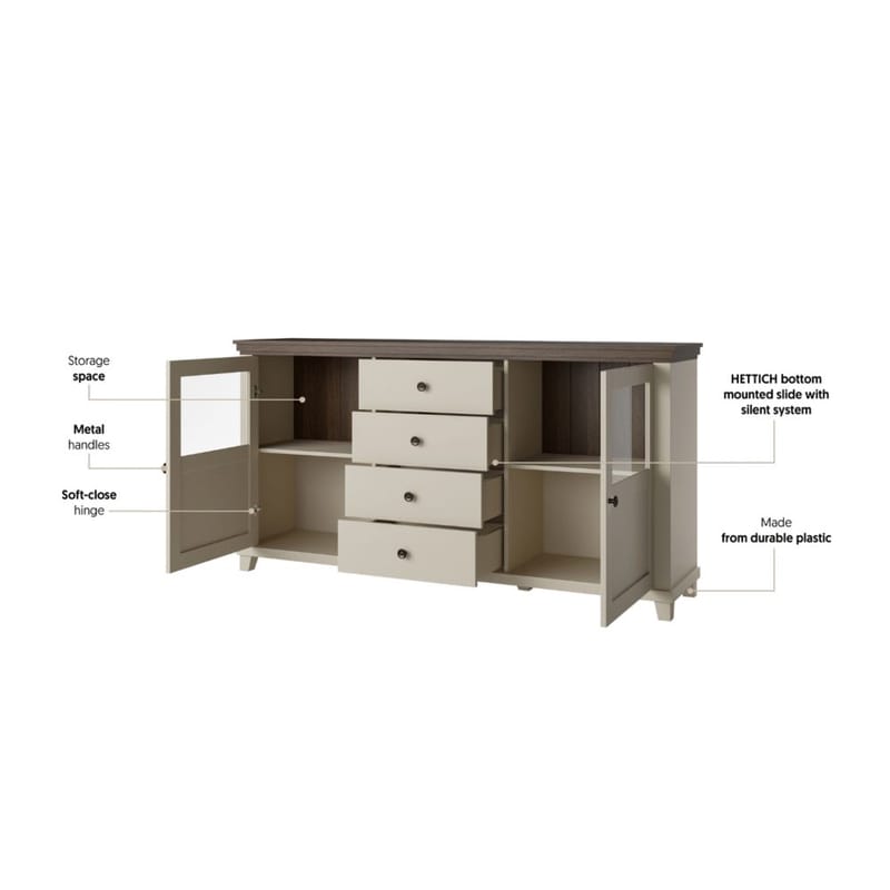 Vitrineskab Evora 2 Døre med 4 Skuffer - Lys Beige - Opbevaring - Skab - Vitrineskabe