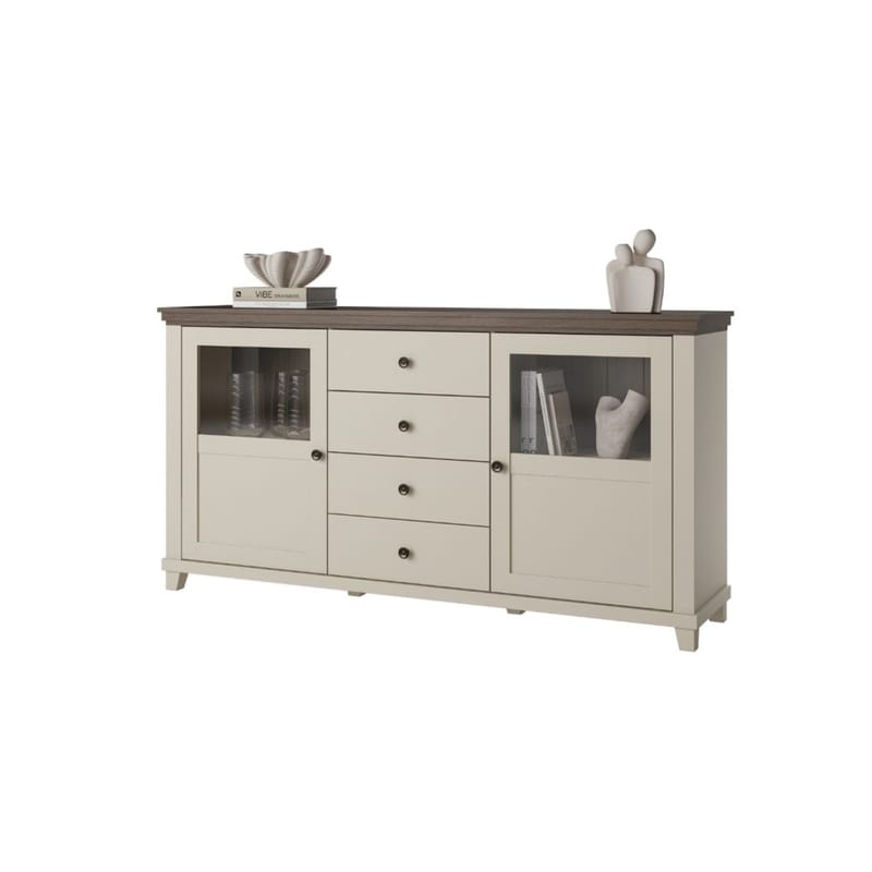 Vitrineskab Evora 2 Døre med 4 Skuffer - Lys Beige - Opbevaring - Skab - Vitrineskabe