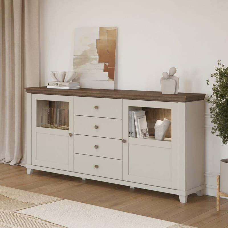 Vitrineskab Evora 2 Døre med 4 Skuffer - Lys Beige - Opbevaring - Skab - Vitrineskabe