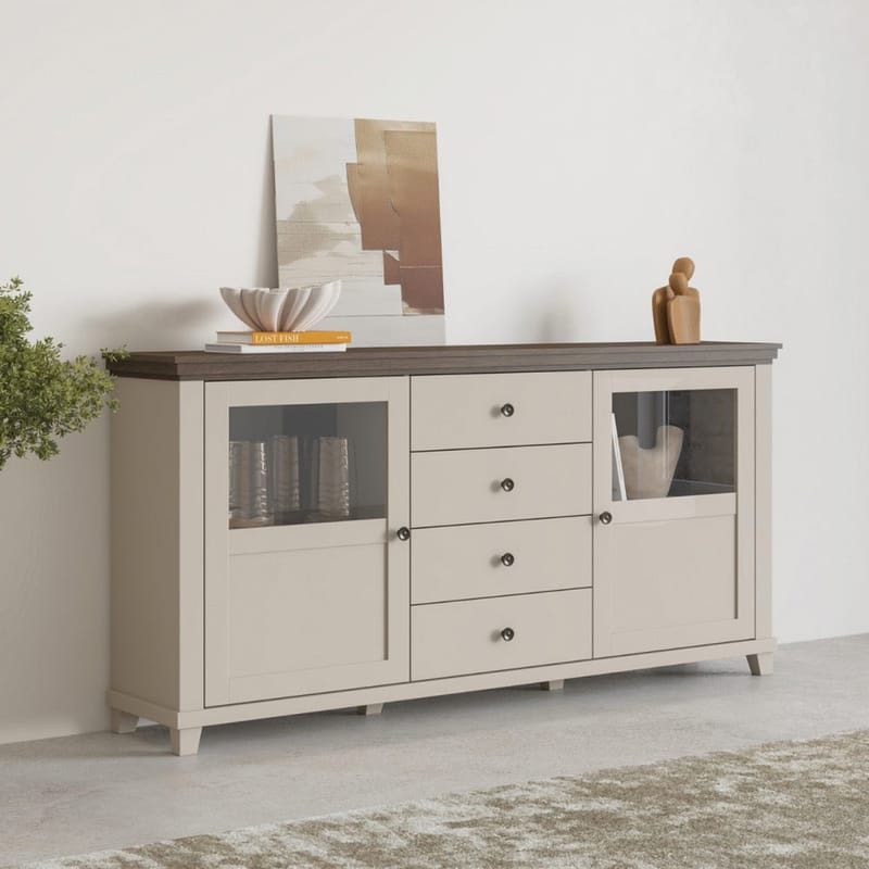 Vitrineskab Evora 2 Døre med 4 Skuffer - Lys Beige - Opbevaring - Skab - Vitrineskabe