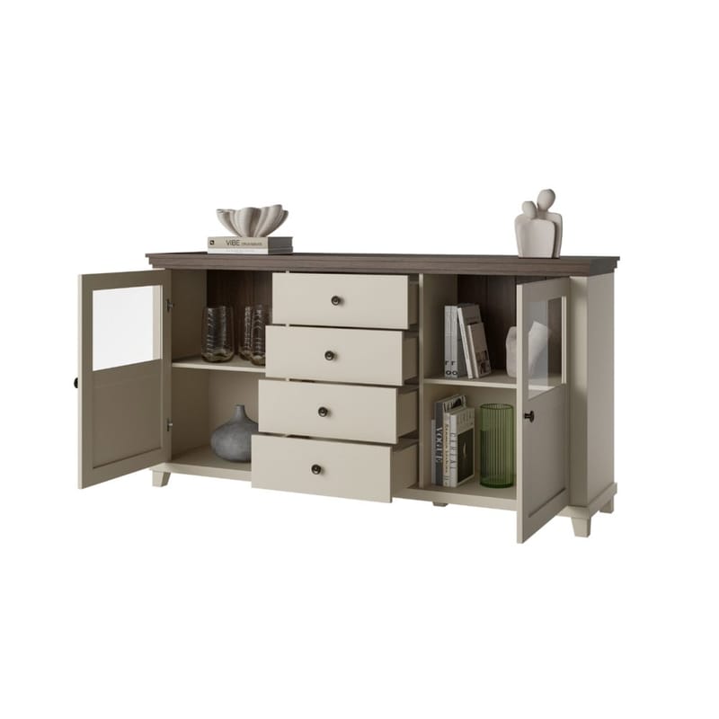 Vitrineskab Evora 2 Døre med 4 Skuffer - Lys Beige - Opbevaring - Skab - Vitrineskabe