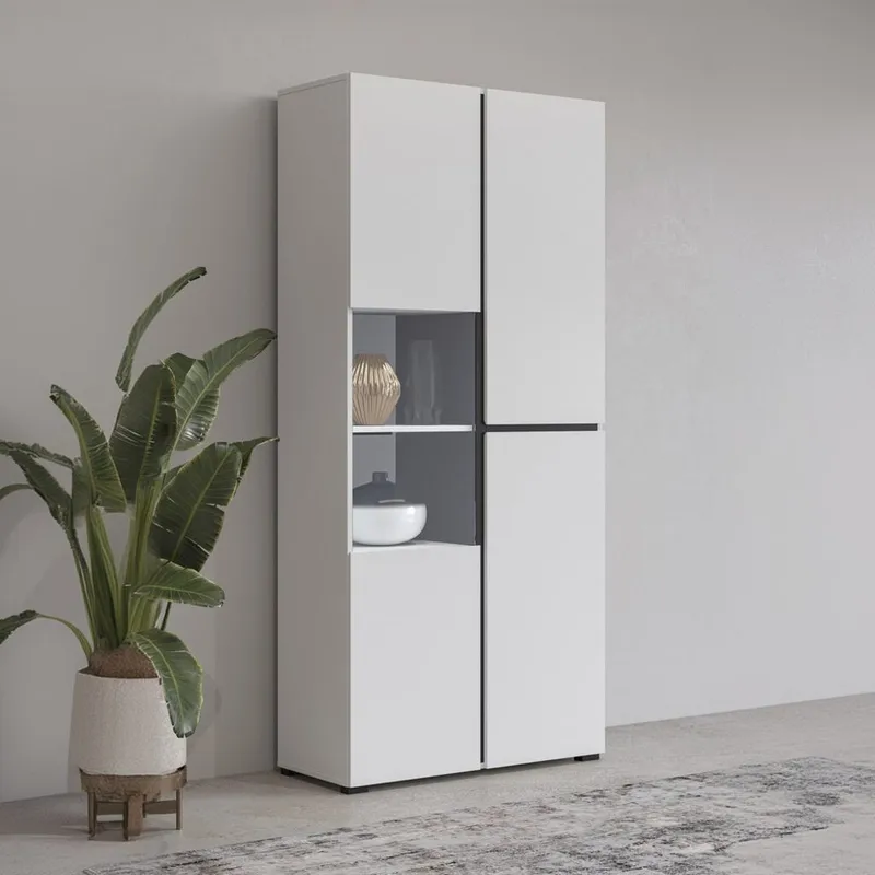 Vitrineskab Kryds 3 Døre - Hvid - Sort - Opbevaring - Skab - Vitrineskabe