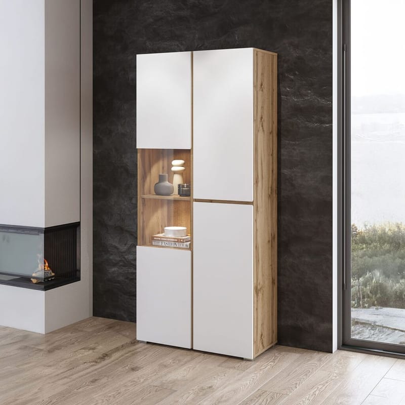 Vitrineskab Kryds 3 Døre - Hvid - Wotan Eg - Opbevaring - Skab - Vitrineskabe