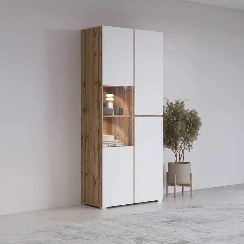 Vitrineskab Kryds 3 Døre - Hvid - Wotan Eg - Opbevaring - Skab - Vitrineskabe