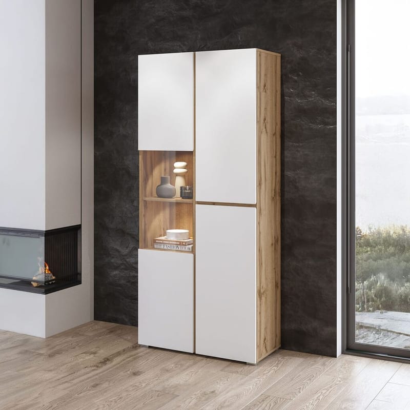 Vitrineskab Kryds 3 Døre - Hvid - Wotan Eg - Opbevaring - Skab - Vitrineskabe