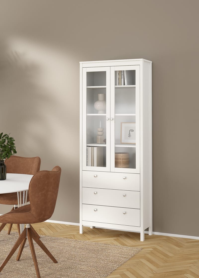 Vitrineskab Madrid med 2 glasdøre 3 skuffer 78x199 cm - Opbevaring - Skab - Vitrineskabe