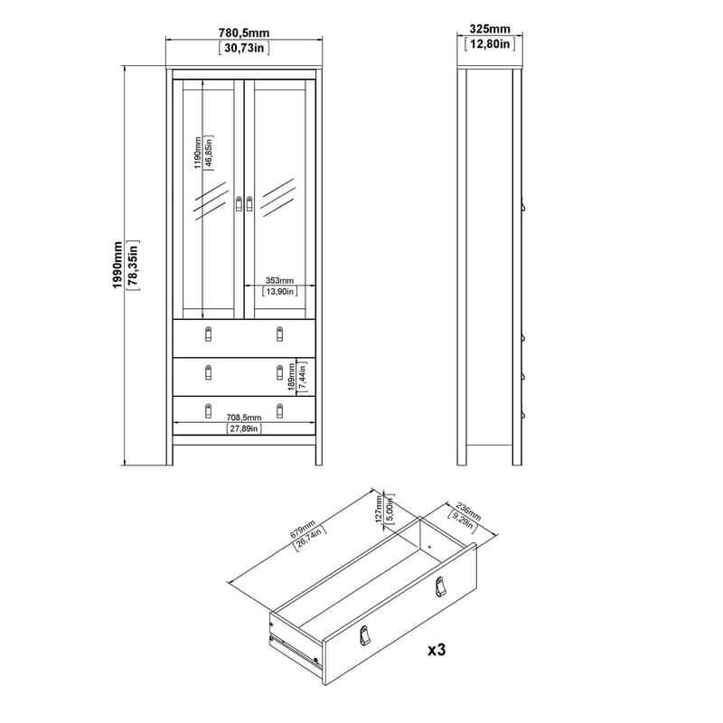 Vitrineskab Madrid med 2 glasdøre 3 skuffer 78x199 cm - Opbevaring - Skab - Vitrineskabe