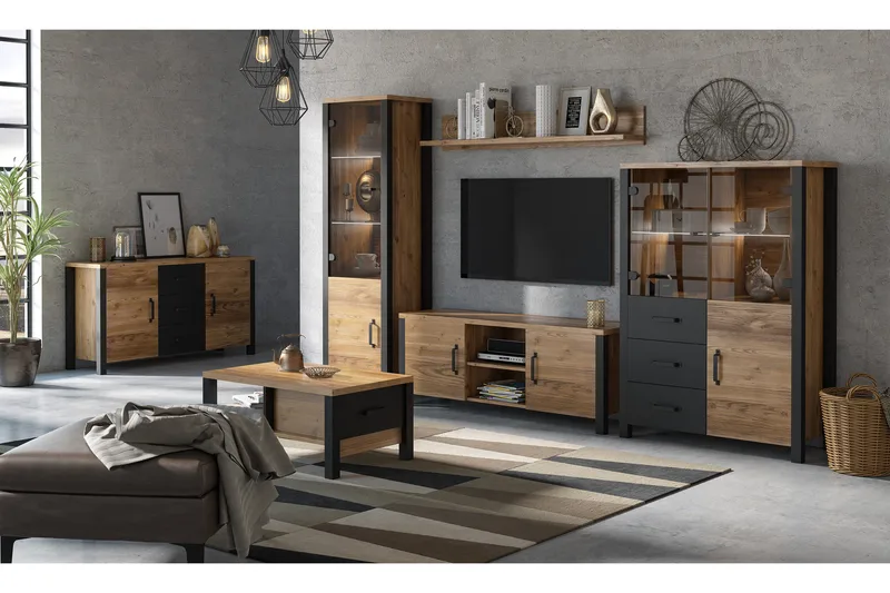 Skarebol Vitrineskab 56 cm - Sort/Træ/Natur - Opbevaring - Skab - Vitrineskabe