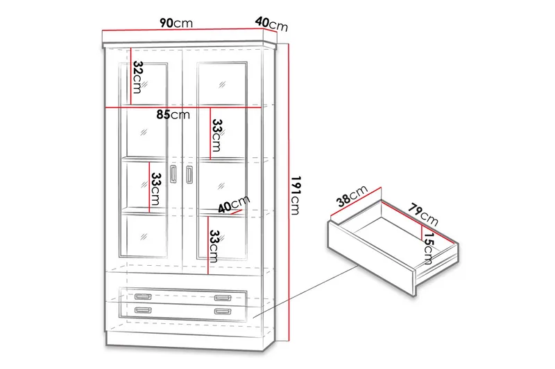 Tadeusz Vitrineskab 90x44x190 cm - Opbevaring - Skab - Vitrineskabe