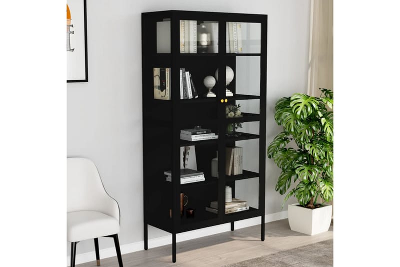 udstillingsskab 90x40x180 cm stål og hærdet glas sort - Sort - Opbevaring - Skab - Vitrineskabe