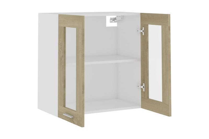 vægskab med glaslåger 60x31x60 cm spånplade sonoma-eg - Brun - Opbevaring - Skab - Vitrineskabe