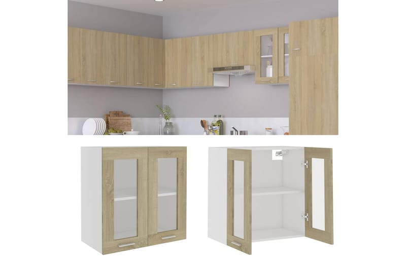 vægskab med glaslåger 60x31x60 cm spånplade sonoma-eg - Brun - Opbevaring - Skab - Vitrineskabe