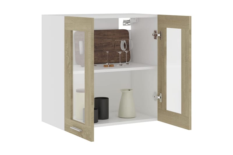 vægskab med glaslåger 60x31x60 cm spånplade sonoma-eg - Brun - Opbevaring - Skab - Vitrineskabe