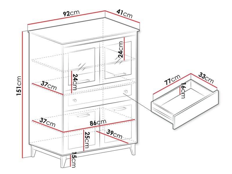Zeylor Vitrineskab 151 cm med Belysning - Opbevaring - Skab - Vitrineskabe