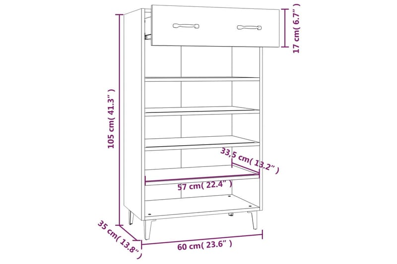 beBasic skoskab 60x35x105 cm konstrueret træ hvid højglans - Hvid - Opbevaring - Skoopbevaring - Skoskab