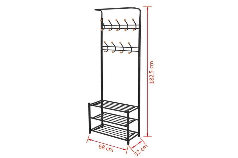 Knagerække Med Skoopbevaring 68 X 32 X 182,5 Cm Sort - Sort - Entréopbevaring - Skoopbevaring - Skohylde