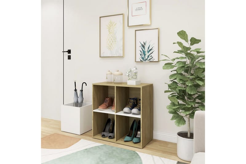 skoreol 105x35,5x70 cm spånplade hvid og sonoma-eg - Beige - Opbevaring - Skoopbevaring
