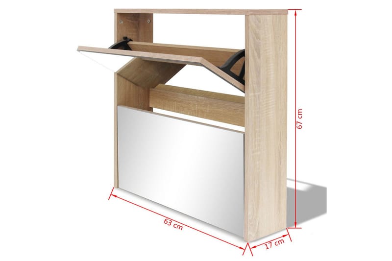 Skoskab 2 Rum Spejl Egetræ 63 X 17 X 67 Cm - Brun - Skoskab - Entréopbevaring - Skoopbevaring