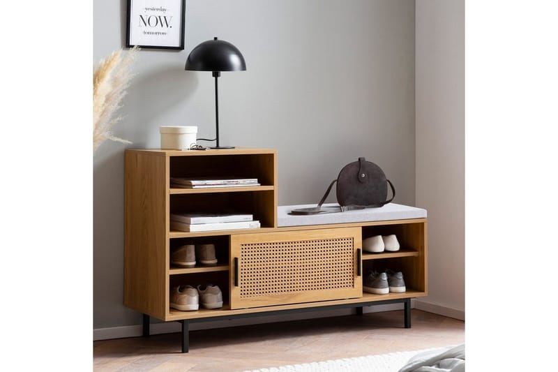 Skoskab Wohnling Polstret bænk med skydedør Wiener fletoptik moderne - Møbler - Stole & lænestole - Bænke - Skohylde med bænk